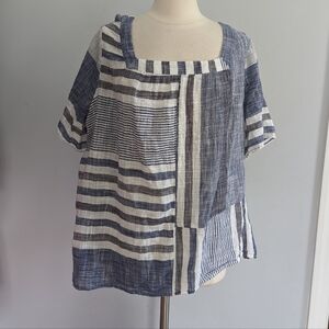 Women's J.Jill 3X Cotton Blue White Stripe Short Sleeve Shirt Top Blouse Nautica